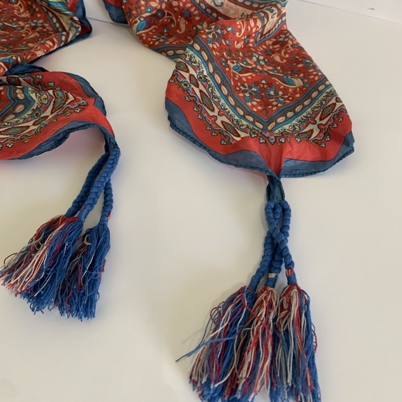 100% Silk Scarf Shawl Tassels Red Teal Ivory Floral Boho Global Artisan Wrap - Picture 7 of 14